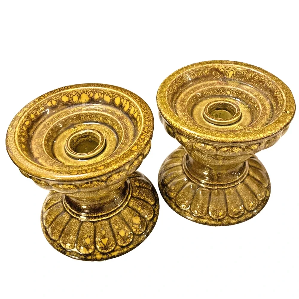 VTG Mid Century Candle Holder Pair Taper Pillar Pottery Ceramic Mottled Green